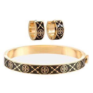 Tory Burch Black and Gold T-Monogram Huggie Earrings and Bracelet Set